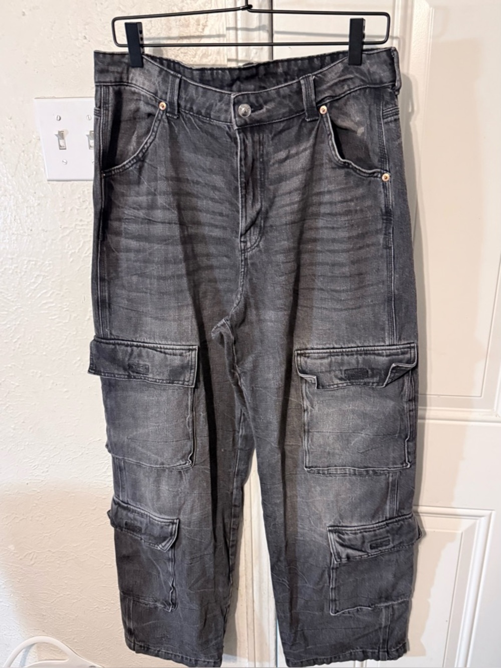 H&M Black Washed Wide Leg Cargo Jeans